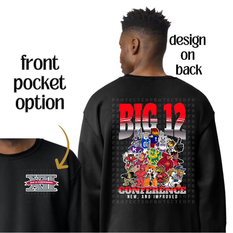 Big 12 Mascots New, And Improved *Front Pocket Option  [Black Gildan Softstyle Tee, Gildan: Crewneck Sweatshirt, or Hoodie]  Main Image